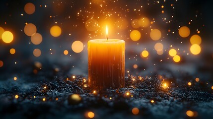 Wall Mural - A candle is lit in a dark room with a lot of light shining on it. The candle is surrounded by a lot of sparkles, which creates a warm and cozy atmosphere. Concept of relaxation and comfort