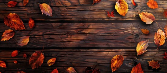 Aufkleber - Wooden background adorned with vibrant autumn leaves ideal for a copy space image