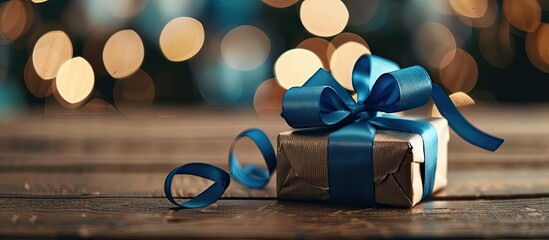Fototapete - Blue ribbon adorns the gift in the copy space image