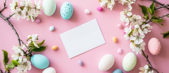 Aufkleber - Easter themed arrangement with a blank card colorful eggs and blooming flowers on a soft pink backdrop featuring a copy space image