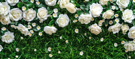 Poster - Top view of spring white roses on green grass set against a white background with room for text ideal for a copy space image
