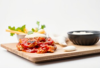 Chicken in tomato sauce served on a wooden board.