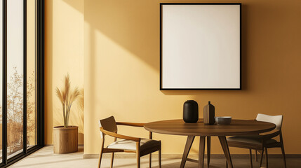 Modern living room interior with a dining table, armchair, and a blank poster frame on the wall, featuring beige walls, wooden furniture, and contemporary home decor. The minimalist design is highligh