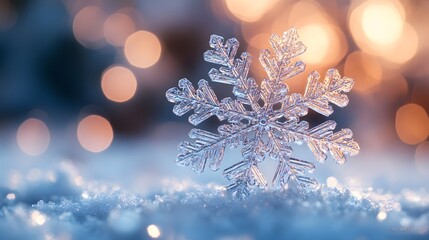 Wall Mural - A snowflake is sitting on top of the snow. The snowflake is surrounded by a blurry background, which gives the image a dreamy and ethereal feel