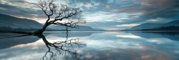 Sticker - Tranquil lake at dusk with tree remnants reflected in water against dramatic sky