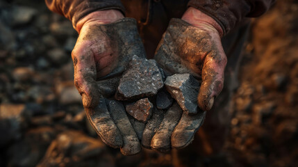 A close-up photograph of a miner's hands holding rough minerals, rugged texture, and dirt-covered gloves