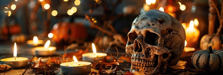 Canvas Print - Skull in the forefront with Halloween decor