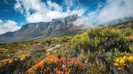 Canvas Print - A close-up view of the vegetation on Table Mountain, highlighting the unique flora and rugged terrain of the iconic peak