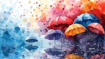 watercolor rainy day pattern, vibrant umbrellas, gentle raindrops, reflective puddles, calming blues