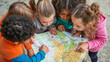 © Лариса Лазебная - A group of children huddled together looking at a school map, helping each other navigate their new environment, bottom third copy space. Responsibility, Friendship, Support