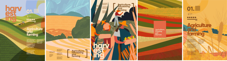 harvest, farming and agriculture. vector illustration of farmers people harvesting, wheat field, pla