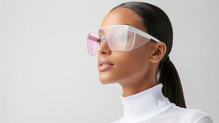 Poster - Stylish woman wearing futuristic pink-tinted visor sunglasses, exuding confidence and modernity with a sleek design and bold frame.