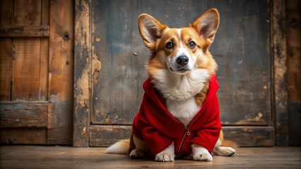 Wall Mural - Adorable Cardigan Welsh corgi dog with fluffy red coat and sweet expression sits upright on a natural stone floor with subtle rustic background.