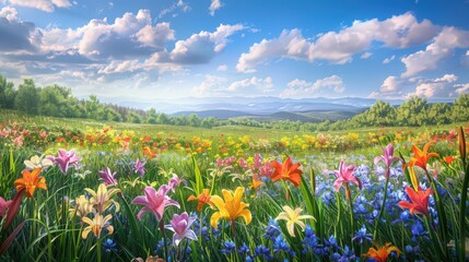 Sticker - Scenic view of a spring meadow with clusters of colorful lilies and irises, showcasing the diverse beauty of springtime flora.