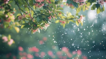 Wall Mural - Scenic view of a springtime rain shower with blooming fruit trees in the background,