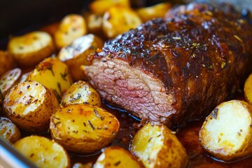 Wall Mural - a close up of a piece of meat and potatoes in a pan