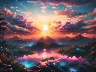 Wall Mural - This captivating image features a man standing on a hill, gazing at a breathtaking sunset that paints the sky in vibrant hues of orange, pink, and purple.