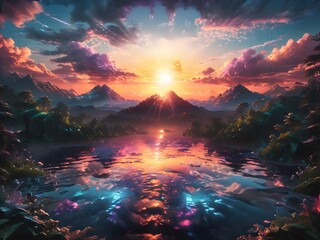 Wall Mural - This captivating image features a man standing on a hill, gazing at a breathtaking sunset that paints the sky in vibrant hues of orange, pink, and purple.