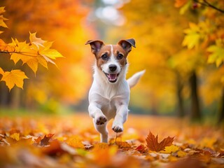 Wall Mural - Adorable Jack Russell Terrier running freely in vibrant autumn park surrounded by fallen maple leaves, its little paws kicking up a colorful storm of fun.