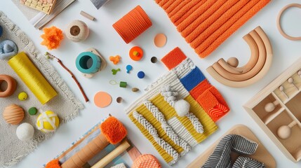 Design a sensory play kit for babies, featuring textured toys, colorful fabrics, and sound-making objects to stimulate sensory exploration, encourage motor skills, and foster cognitive development.