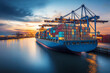 © Ikram - Container ship carrying container boxes import export dock with quay crane. Business commercial trade global cargo freight shipping logistic and transportation worldwide oversea concept. Generative AI
