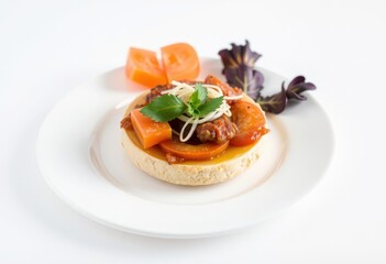 Wall Mural - Delicious tomato and meat topped appetizer on a white plate.