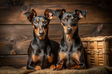 Wall Mural - Adorable Manchester Terrier dogs pose on rustic wooden backdrops, showcasing their sleek coats, big eyes, and endearing expressions in a warm, intimate studio setting.