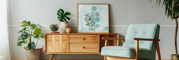 Sticker - Pastel armchair beside a wooden cabinet with artwork and plant in the living room decor