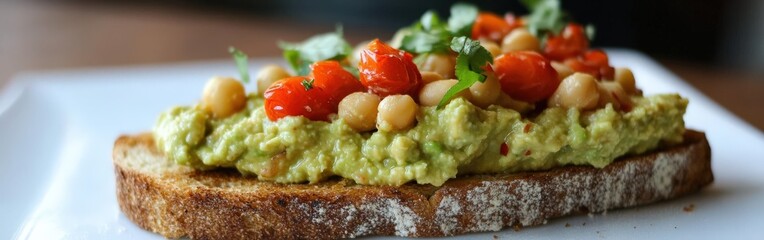 Fresh avocado hummus toast topped with cherry tomatoes and herbs