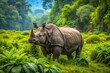 © Man888 - Majestic javan rhino roaming freely in its natural habitat, peacefully grazing on lush green grasses and shrubs in a serene and tranquil forest setting.