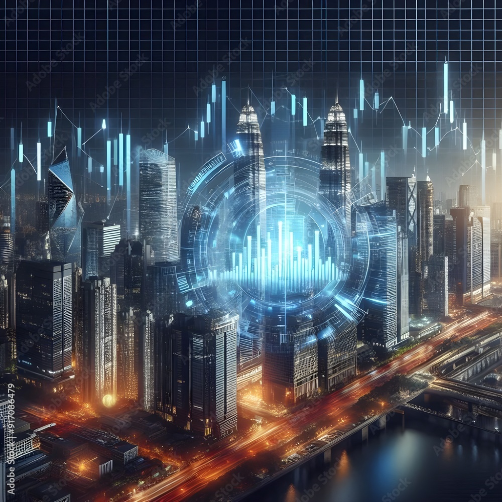 Generative AI Illustration of a city skyline with a stock market chart ...