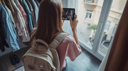 Wall Mural - Woman taking photo of clothes jeans tshirt sneakers backpack with smartphone Blogger influencer or stylist capturing spring fashion outfit and accessories for social media : Generative AI