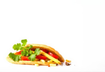 Open pita bread with cheese, bell pepper, tomatoes, parsley, and spices on a white background.