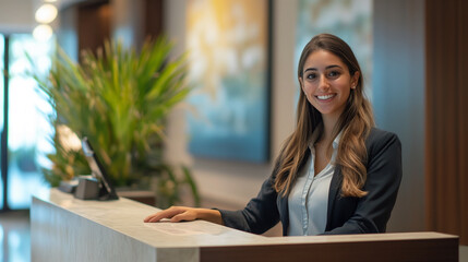 A professional receptionist standing in a modern office environment.