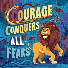 Courage conquers all fears colorful background and text (T-shirt Design Motivational Quote, Illustration ,Typography)