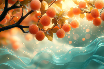 A whimsical tree with bubble fruit, glowing softly against a backdrop of abstract, wavy lines,