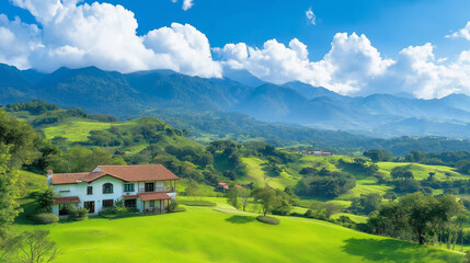 A beautiful rural landscape with lush green fields, a quaint farmhouse with a red roof nestled in the greenery, surrounded by dense forests and mountains in the background.