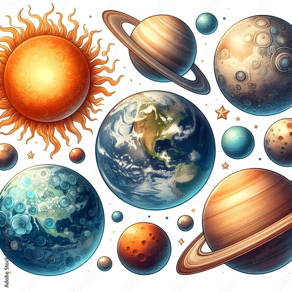 Generative AI A colorful depiction of the solar system, highlighting ...