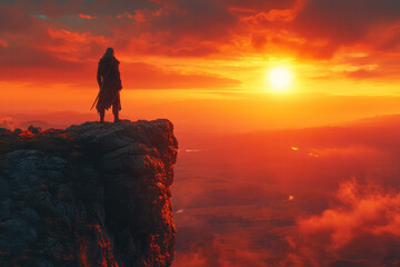 Wall Mural - A lone warrior stands at the edge of a cliff, overlooking the vale, his silhouette sharp against the setting sun,