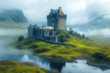 Poster - A solitary castle perched on a hilltop, known as the Sentinel of the Vale, with its tall spires piercing the sky,