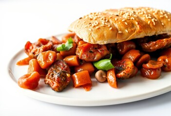 Sesame seed bun with glazed meat and vegetables on a white plate.