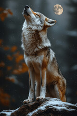 Poster - A lone wolf standing on a rocky outcrop, howling to the moon as the Sentinel of the Vale,