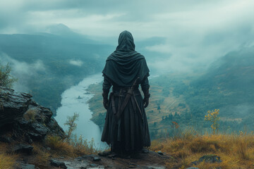 Poster - A mysterious hooded figure standing at the edge of the vale, their gaze fixed on the horizon as they guard the valley,