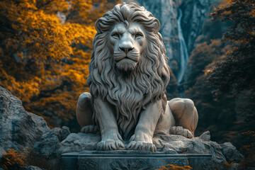 Poster - A majestic lion statue, carved from the rock, standing proudly at the entrance of the vale as its guardian,