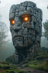 Poster - The Sentinel of the Vale, a colossal stone golem, half-buried in the earth, watching over the land with glowing eyes,