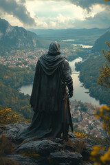 Poster - A lone knight in shining armor, standing atop a hill, looking out over the vale as its protector,