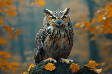 Poster - The Sentinel of the Vale, a wise old owl perched high in the trees, its eyes ever alert to dangers below,