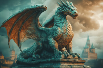 Poster - A statue of a dragon, its wings outstretched, watching over the vale with a fierce, protective gaze,