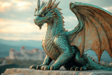 Poster - A statue of a dragon, its wings outstretched, watching over the vale with a fierce, protective gaze,
