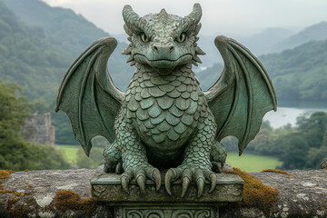 Poster - A statue of a dragon, its wings outstretched, watching over the vale with a fierce, protective gaze,
